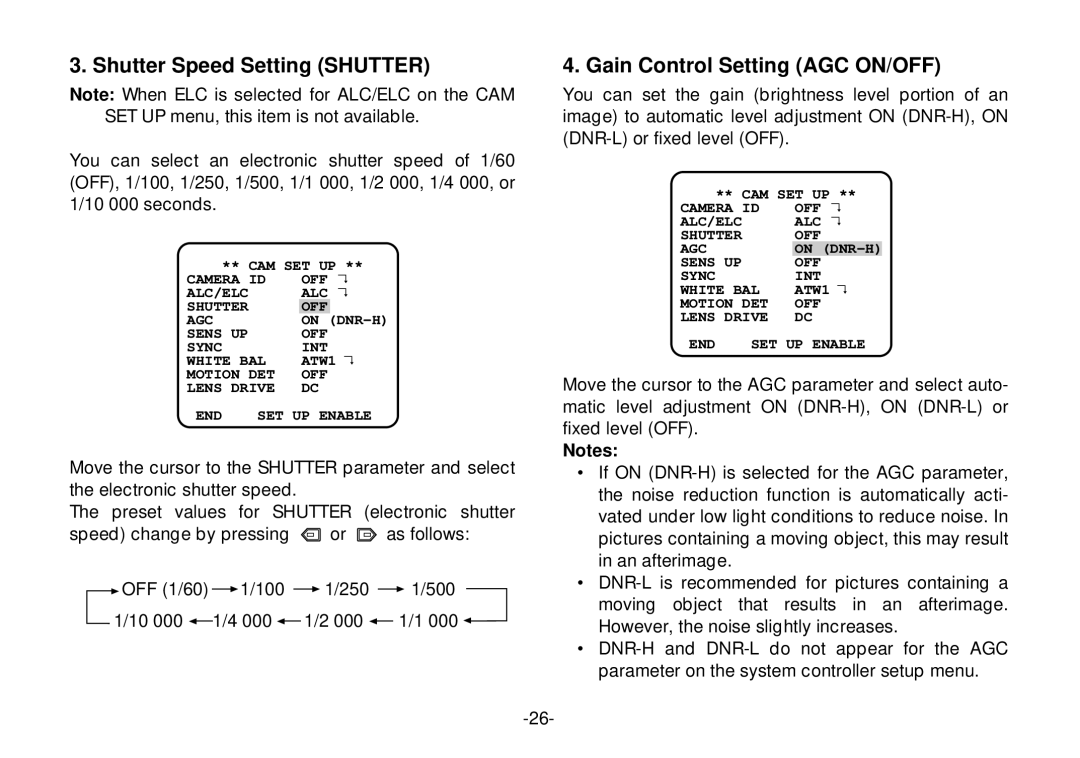 Panasonic WV-CL924, WV-CL920 operating instructions Shutter Speed Setting Shutter, Gain Control Setting AGC ON/OFF 