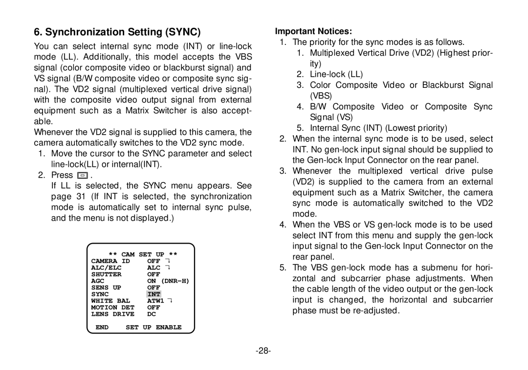 Panasonic WV-CL924, WV-CL920 operating instructions Synchronization Setting Sync, Important Notices 