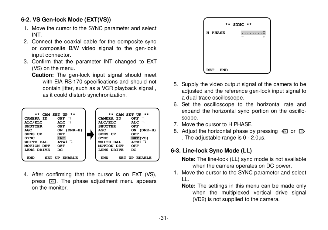 Panasonic WV-CL920, WV-CL924 operating instructions VS Gen-lock Mode Extvs, Line-lock Sync Mode LL 