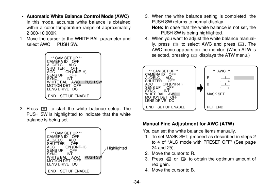 Panasonic WV-CL924, WV-CL920 operating instructions Manual Fine Adjustment for AWC ATW, Select AWC → 