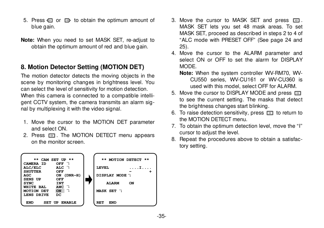 Panasonic WV-CL920, WV-CL924 operating instructions Motion Detector Setting Motion DET 