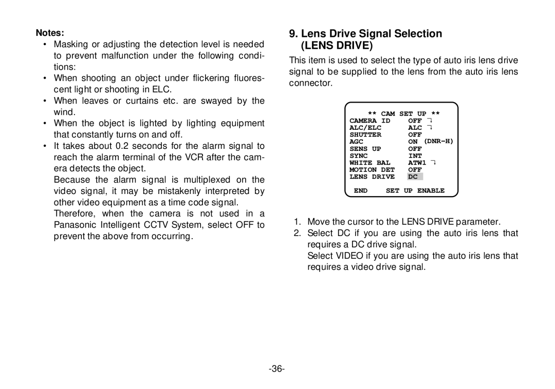 Panasonic WV-CL924, WV-CL920 operating instructions Lens Drive Signal Selection 