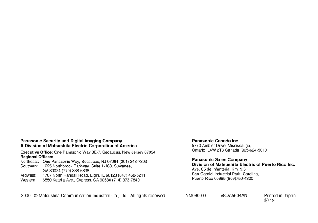 Panasonic WV-CL924, WV-CL920 operating instructions Panasonic Canada Inc 