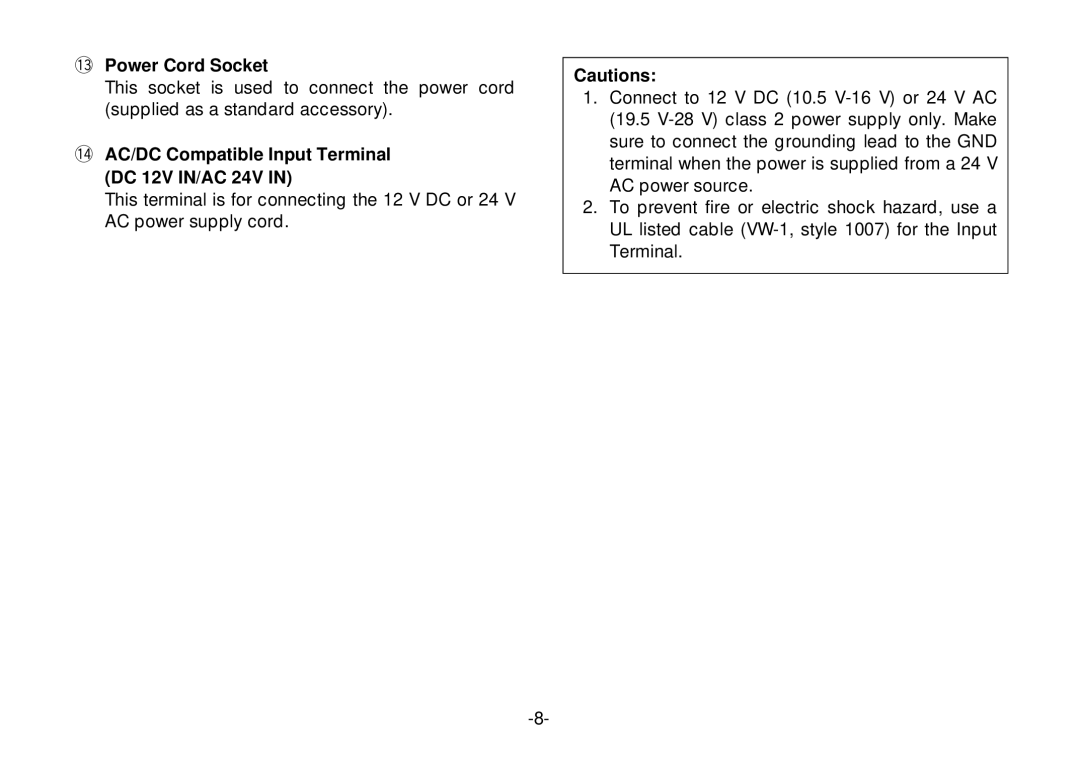 Panasonic WV-CL920, WV-CL924 operating instructions 3Power Cord Socket, 4AC/DC Compatible Input Terminal DC 12V IN/AC 24V 