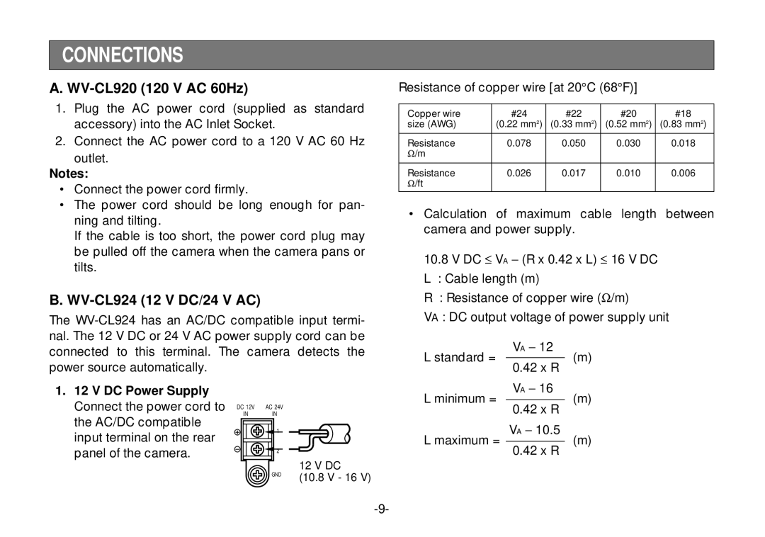 Panasonic operating instructions Connections, WV-CL920 120 V AC 60Hz, WV-CL924 12 V DC/24 V AC 