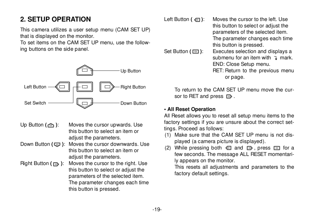 Panasonic WV-CL920A operating instructions Setup Operation, All Reset Operation 