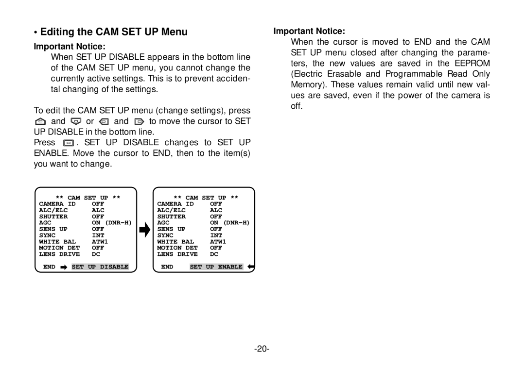 Panasonic WV-CL920A operating instructions Editing the CAM SET UP Menu, Important Notice 