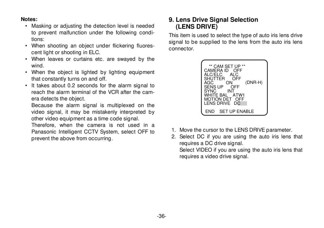 Panasonic WV-CL920A operating instructions Lens Drive Signal Selection 