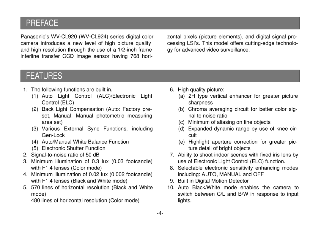 Panasonic WV-CL920A operating instructions Preface, Features 