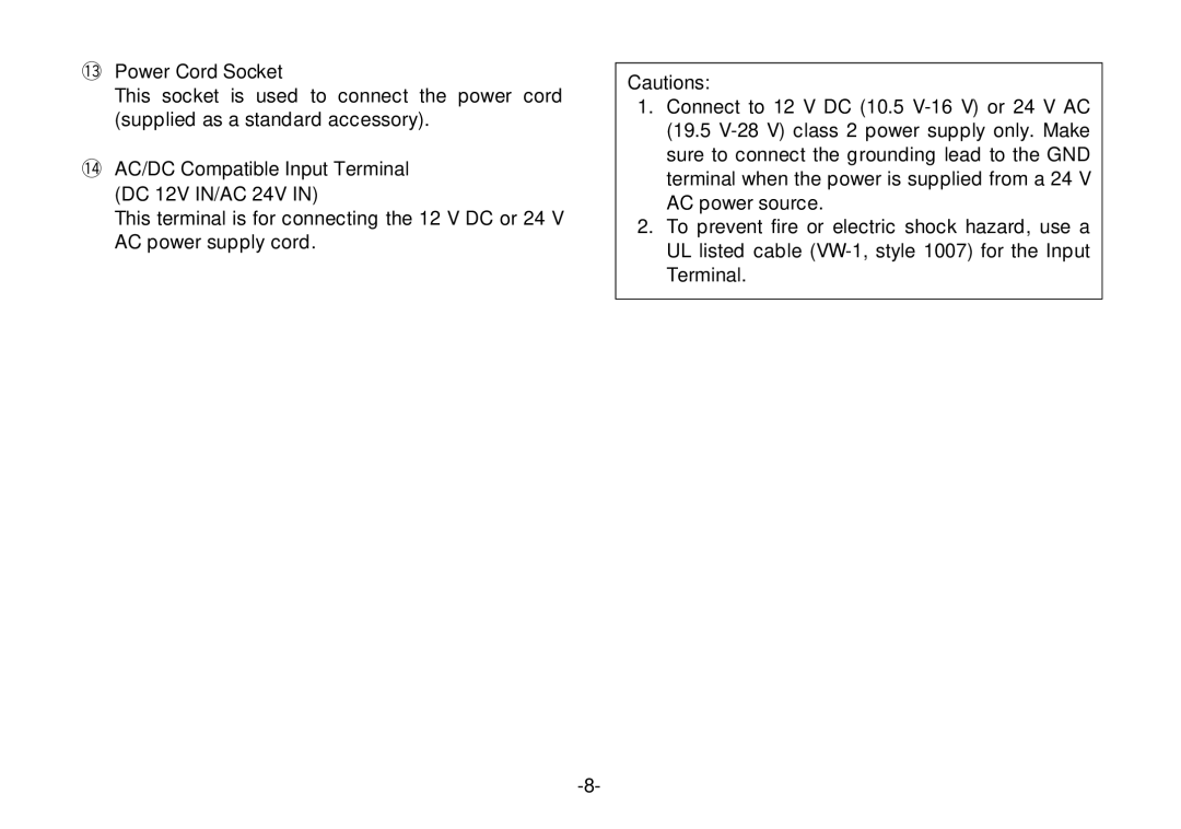 Panasonic WV-CL920A operating instructions 3Power Cord Socket, 4AC/DC Compatible Input Terminal DC 12V IN/AC 24V 