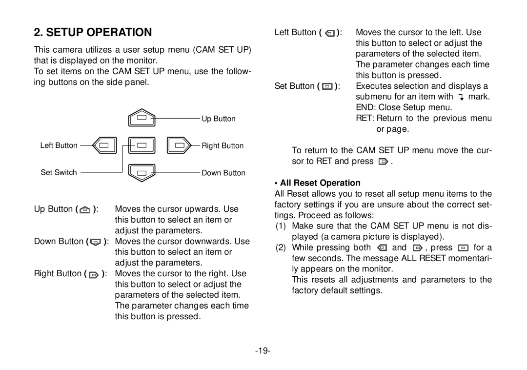 Panasonic WV-CL924A operating instructions Setup Operation, All Reset Operation 