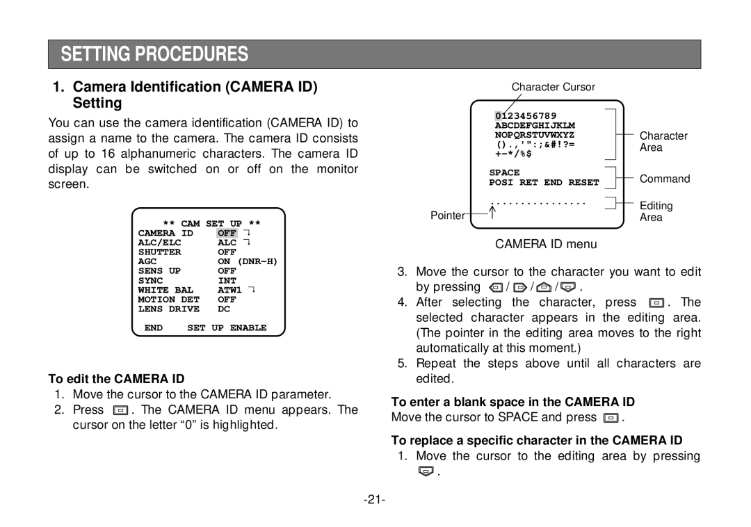 Panasonic WV-CL924A Setting Procedures, Camera Identification Camera ID Setting, To edit the Camera ID 