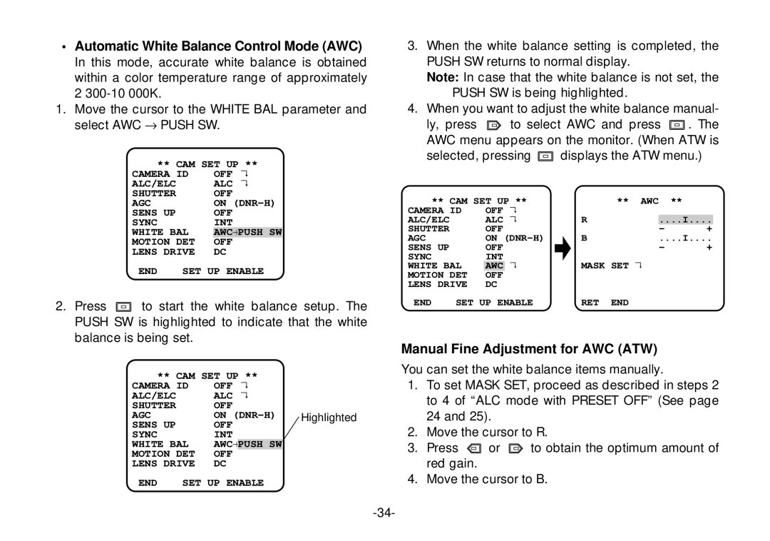 Panasonic WV-CL924A operating instructions Manual Fine Adjustment for AWC ATW, Select AWC → 