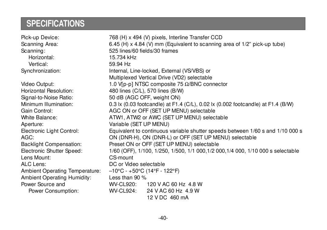 Panasonic WV-CL924A operating instructions Specifications, Agc 