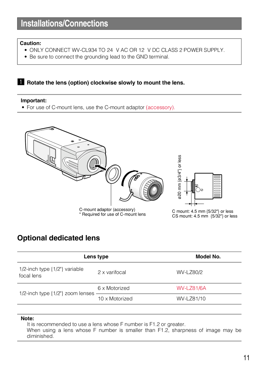 Panasonic WV-CL930, WV-CL934 operating instructions Installations/Connections, Lens type Model No 