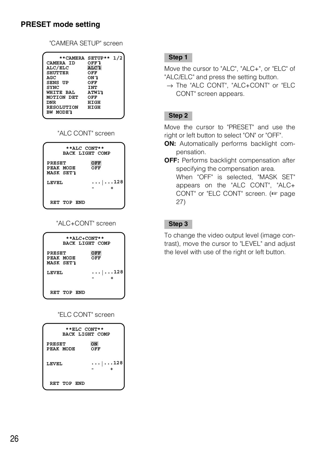 Panasonic WV-CL934, WV-CL930 operating instructions Preset mode setting, Camera Setup screen 