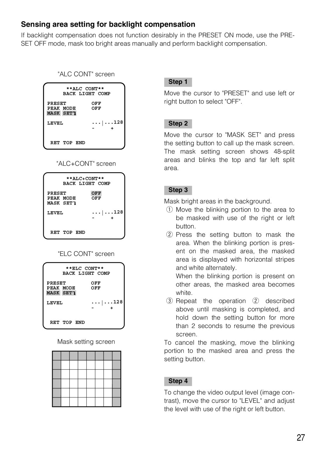 Panasonic WV-CL930, WV-CL934 operating instructions Sensing area setting for backlight compensation 