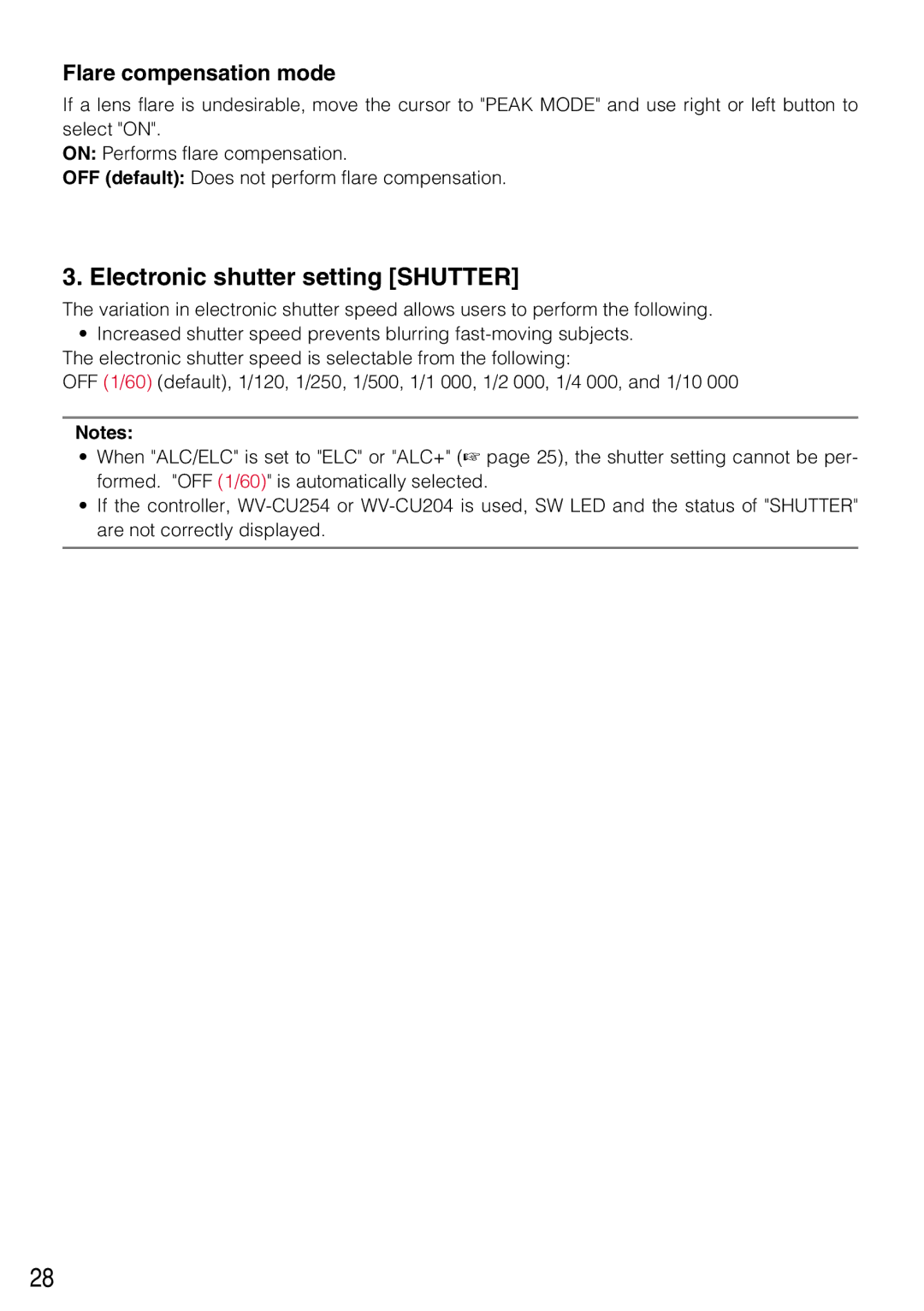 Panasonic WV-CL934, WV-CL930 operating instructions Electronic shutter setting Shutter, Flare compensation mode 