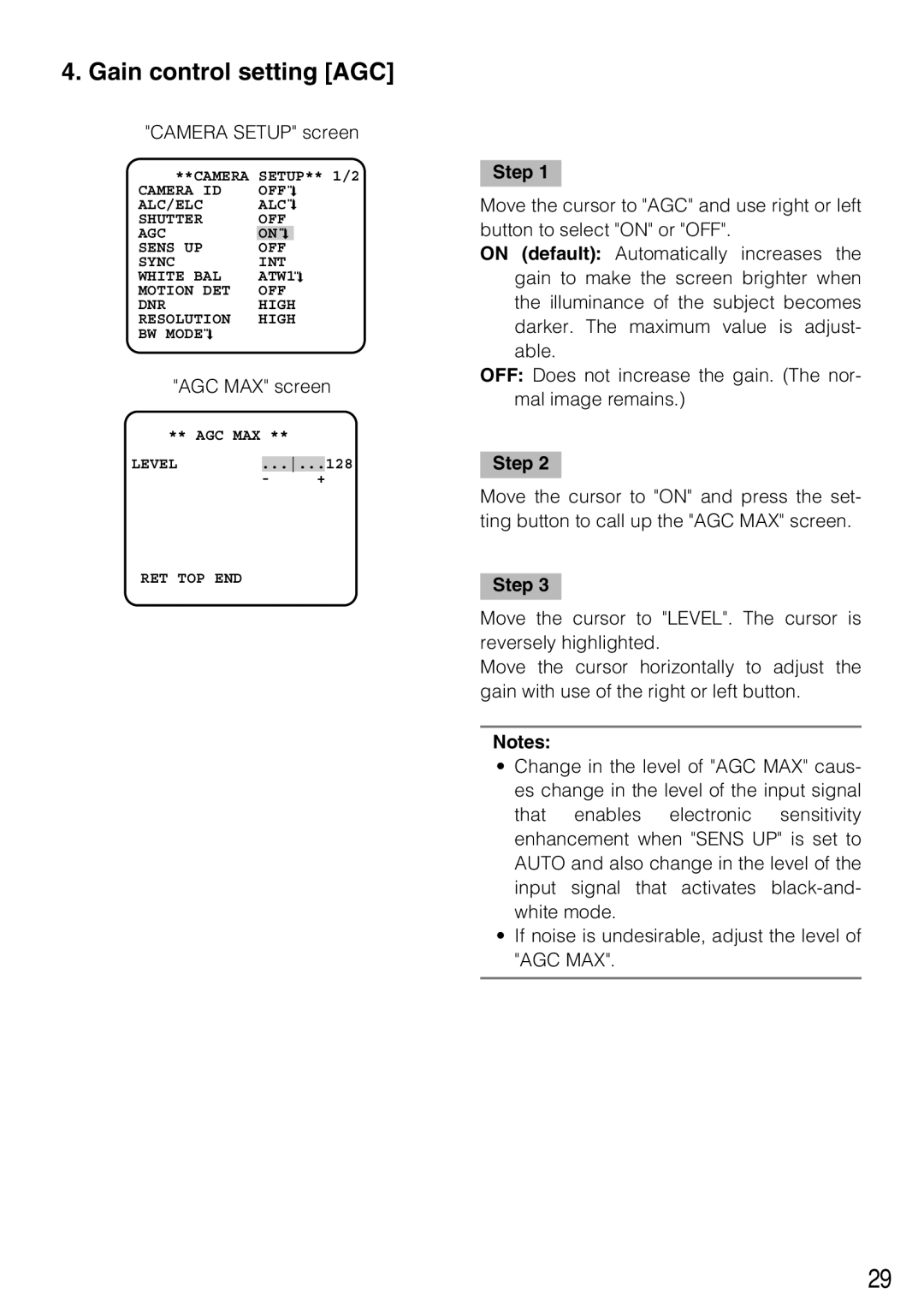 Panasonic WV-CL930, WV-CL934 operating instructions Gain control setting AGC 