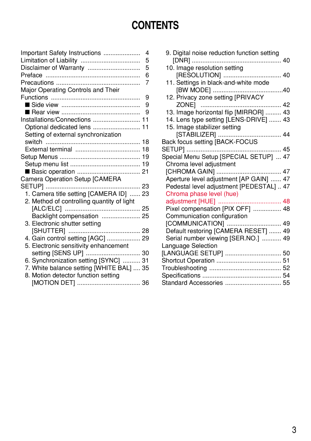 Panasonic WV-CL930, WV-CL934 operating instructions Contents 