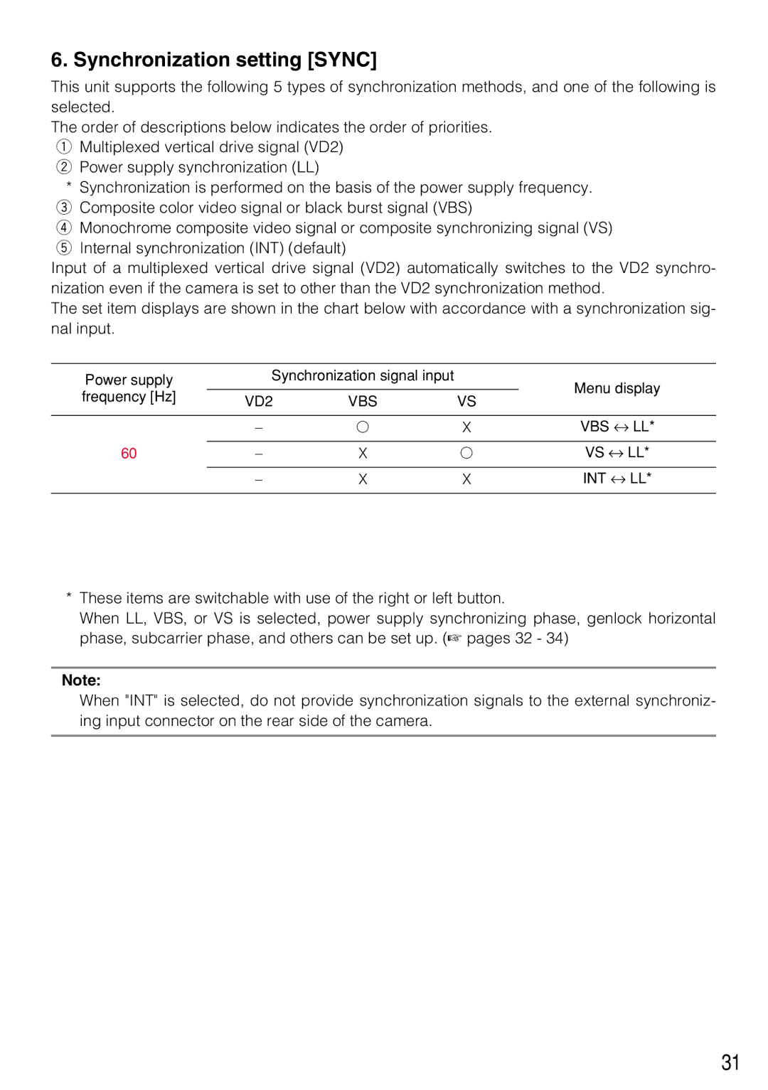 Panasonic WV-CL930, WV-CL934 operating instructions Synchronization setting Sync, Int ↔ Ll 