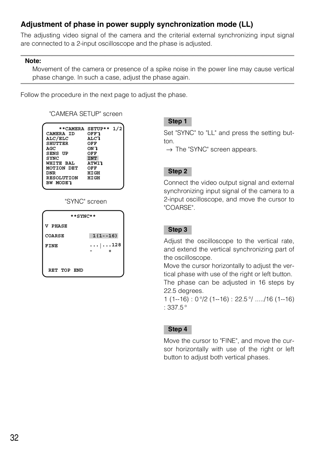 Panasonic WV-CL934, WV-CL930 operating instructions Adjustment of phase in power supply synchronization mode LL, Step 