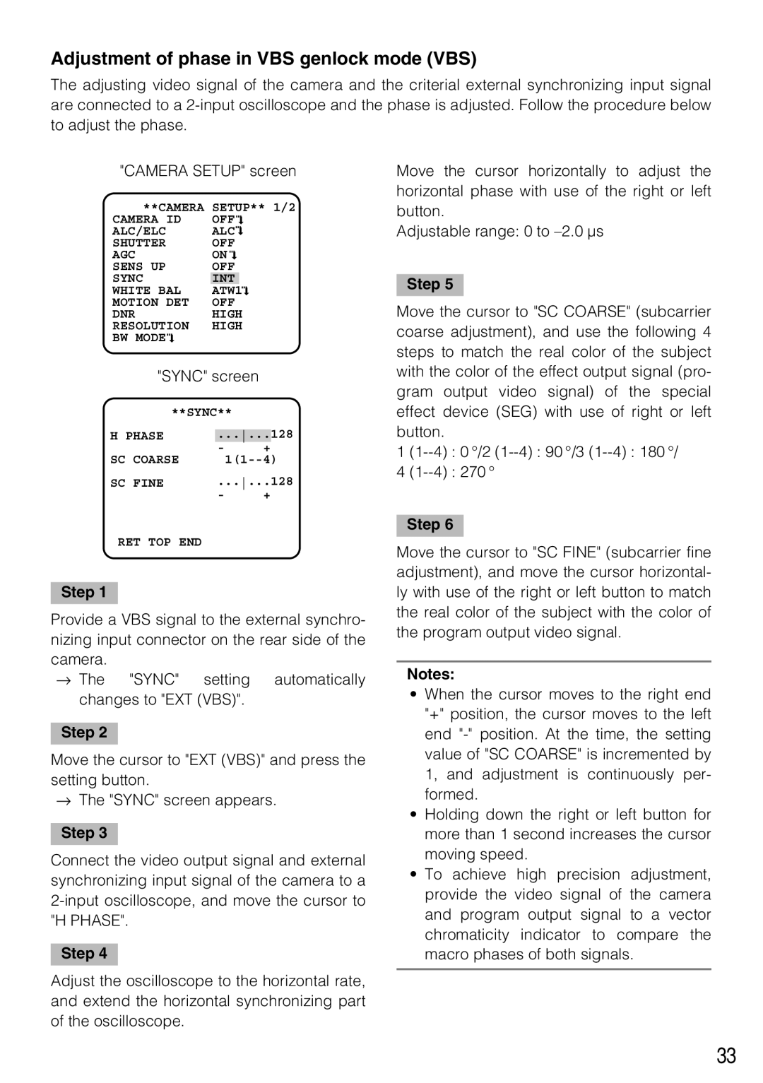 Panasonic WV-CL930, WV-CL934 operating instructions Adjustment of phase in VBS genlock mode VBS 