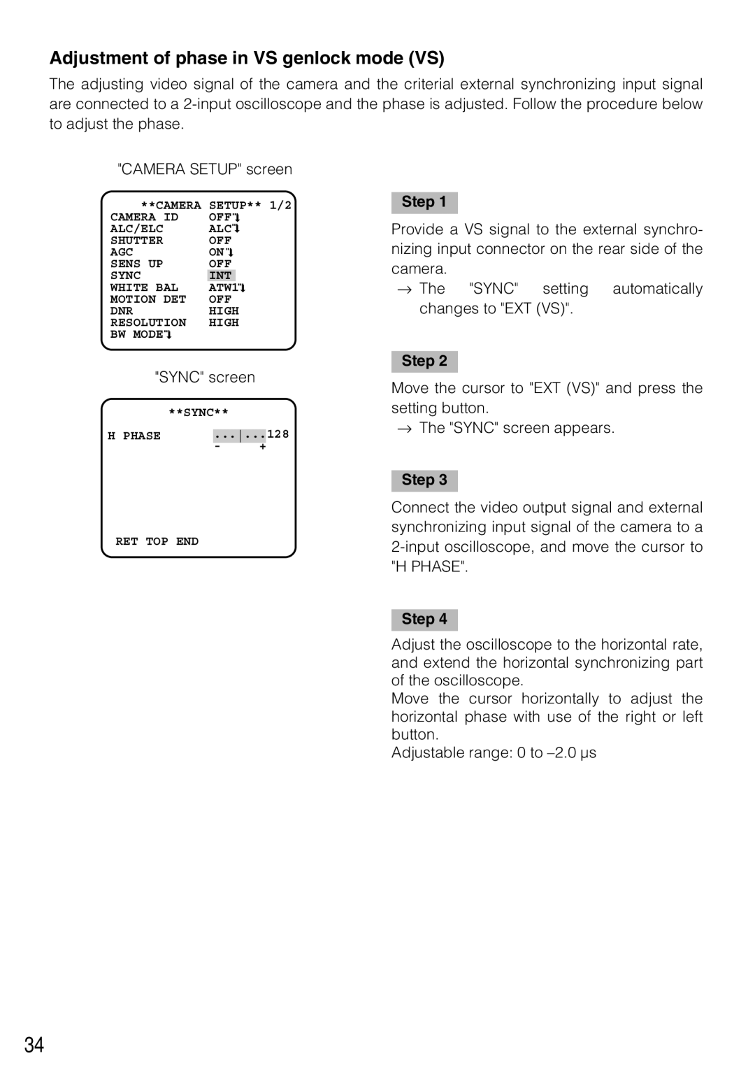 Panasonic WV-CL934, WV-CL930 operating instructions Adjustment of phase in VS genlock mode VS 