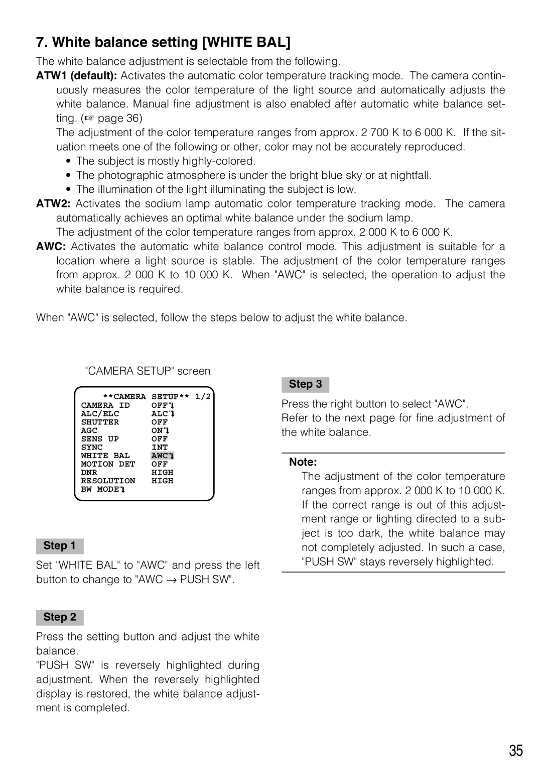 Panasonic WV-CL930, WV-CL934 operating instructions White balance setting White BAL 