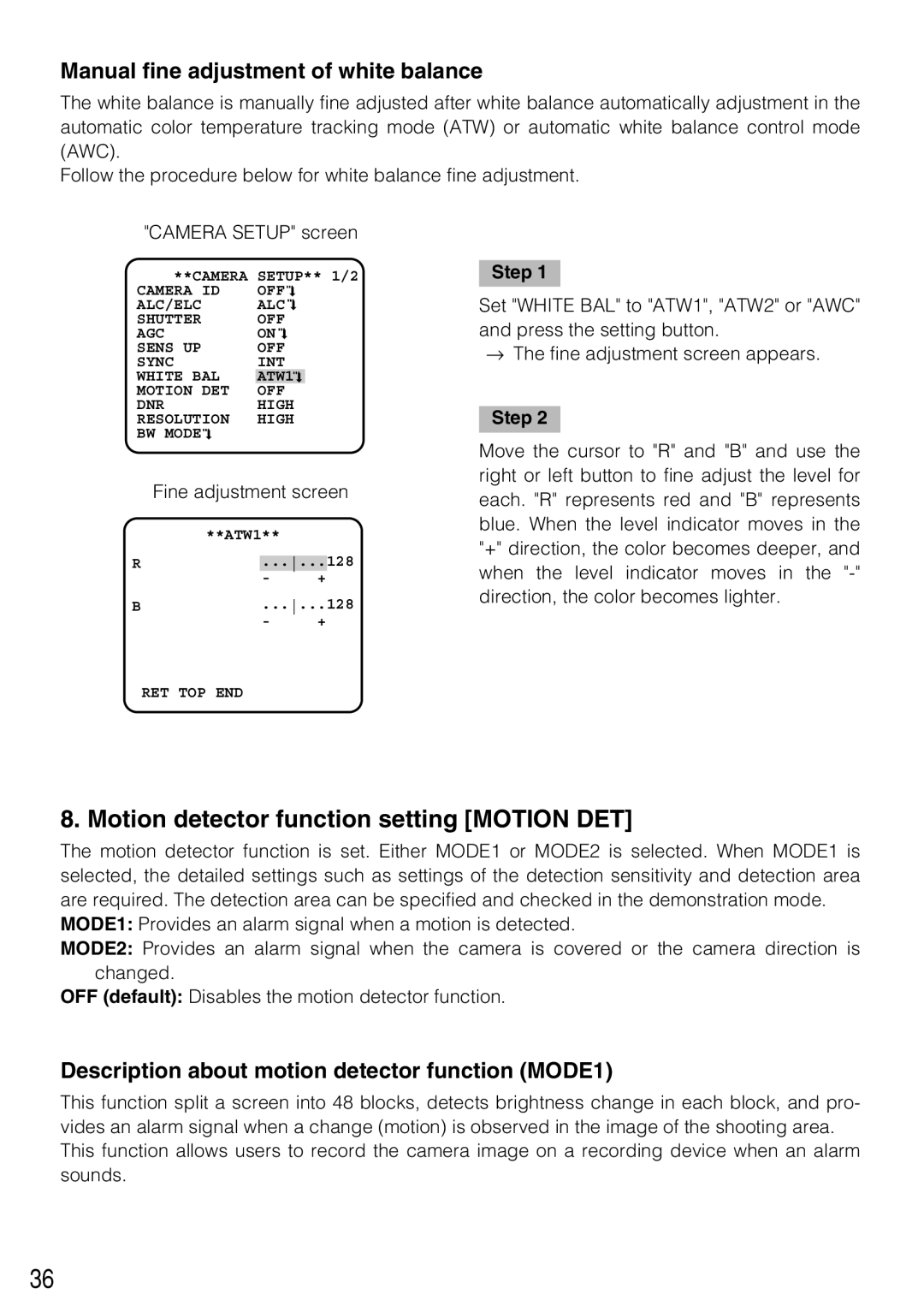 Panasonic WV-CL934, WV-CL930 Motion detector function setting Motion DET, Manual fine adjustment of white balance 