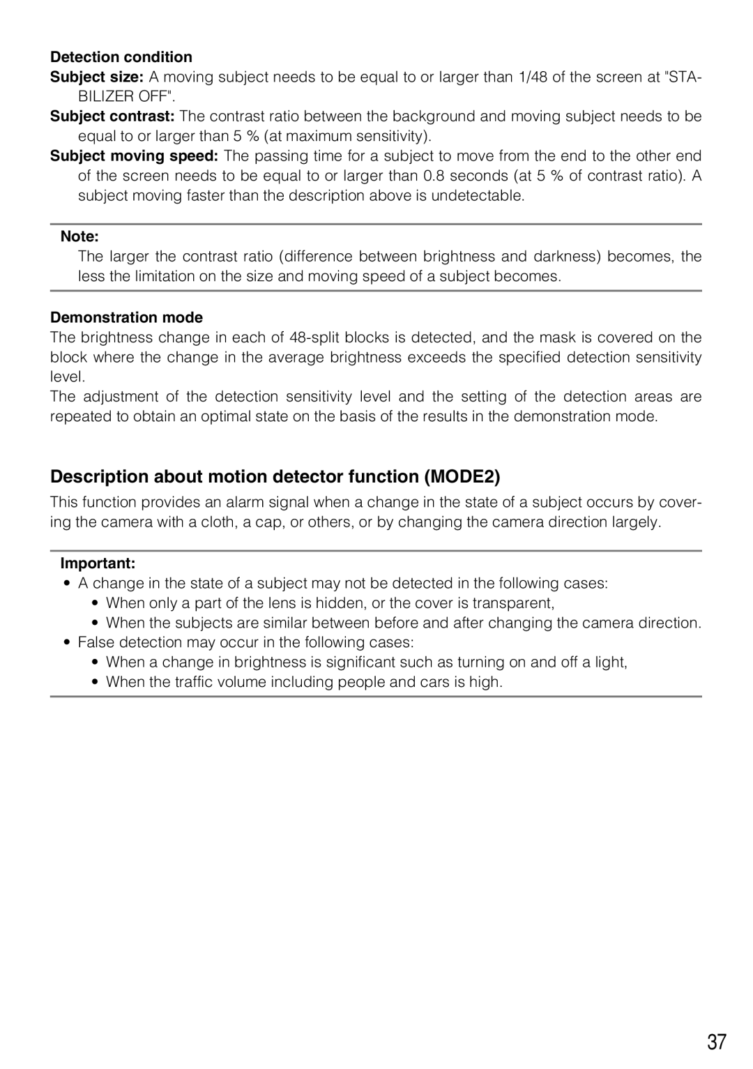 Panasonic WV-CL930, WV-CL934 Description about motion detector function MODE2, Detection condition, Demonstration mode 