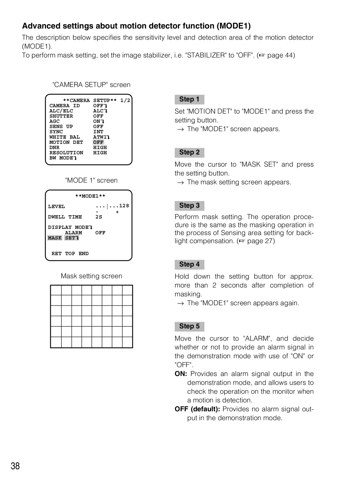 Panasonic WV-CL934, WV-CL930 operating instructions Advanced settings about motion detector function MODE1 