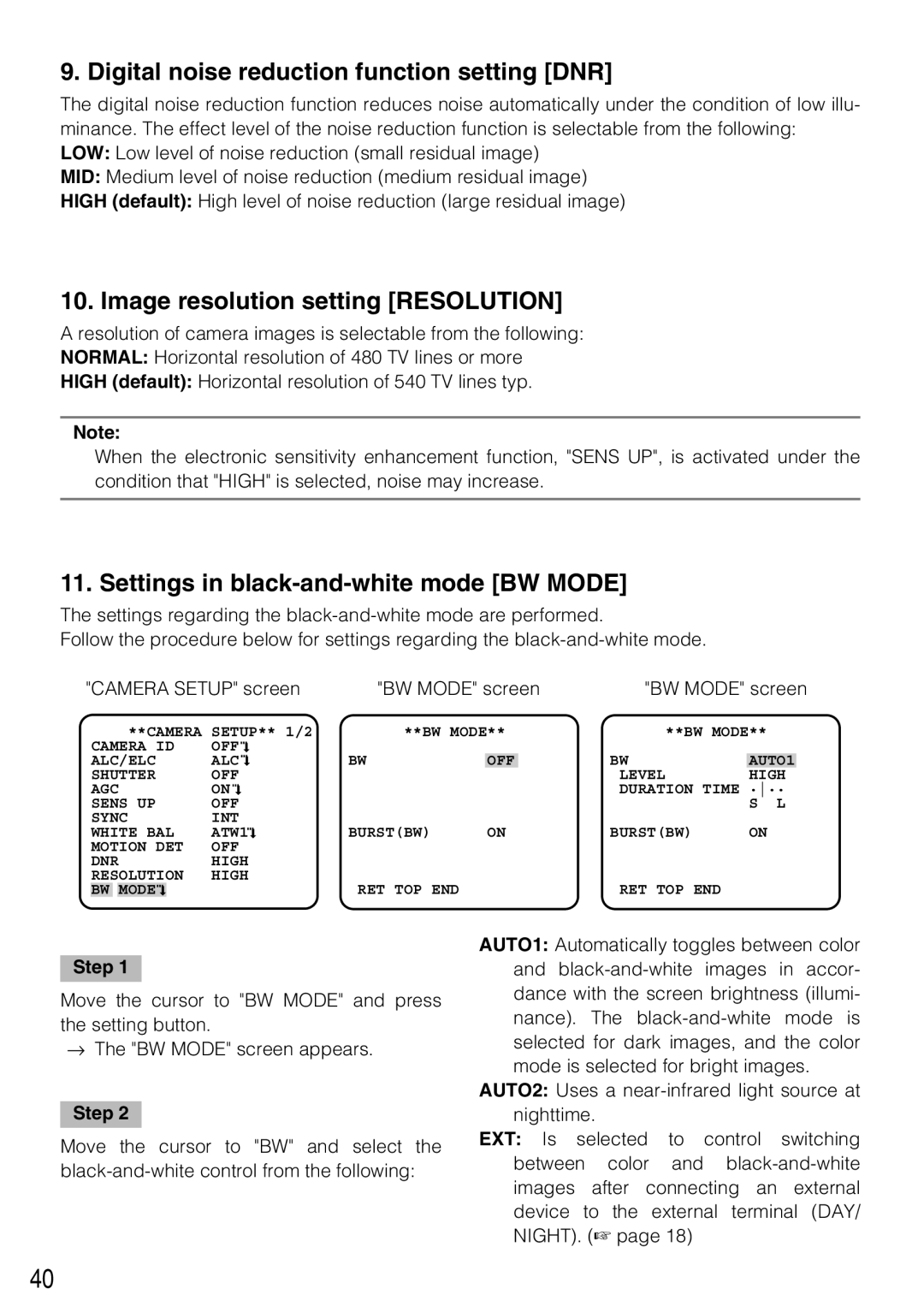 Panasonic WV-CL934, WV-CL930 Digital noise reduction function setting DNR, Image resolution setting Resolution 