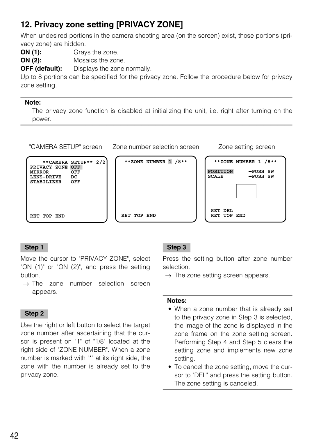 Panasonic WV-CL934, WV-CL930 operating instructions Privacy zone setting Privacy Zone, Grays the zone, Mosaics the zone 