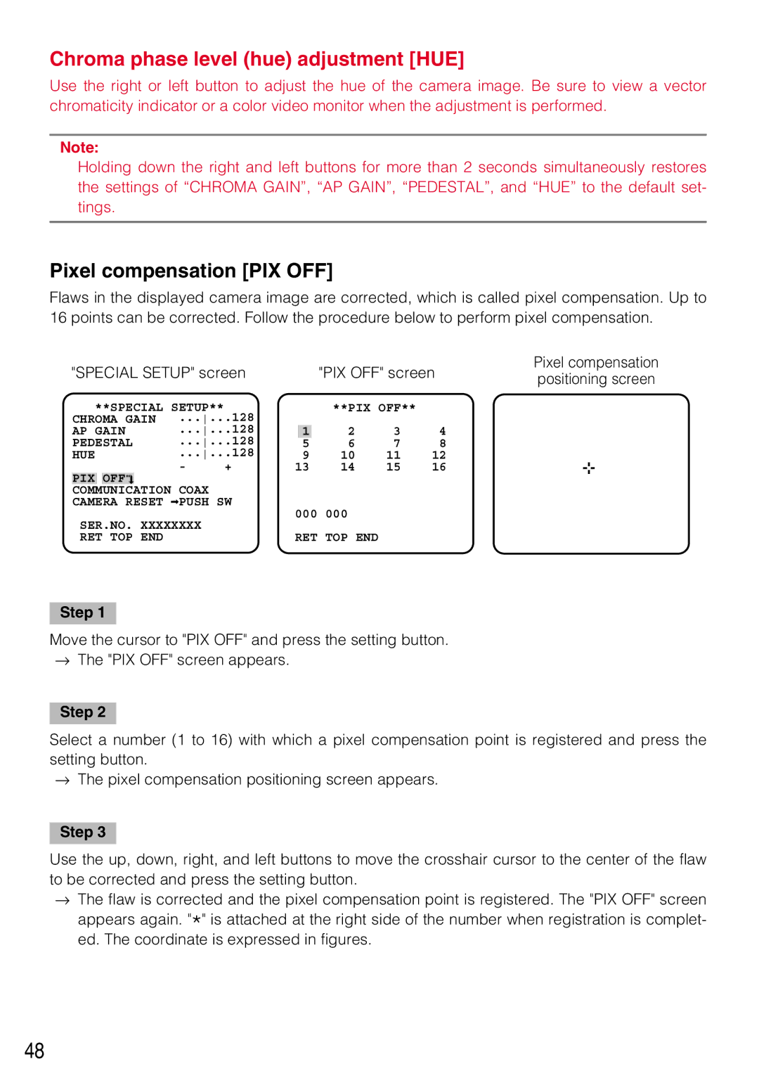 Panasonic WV-CL934, WV-CL930 operating instructions Pixel compensation PIX OFF, PIX OFF screen Pixel compensation 