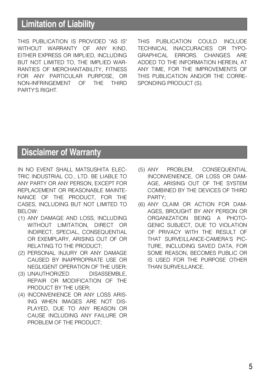 Panasonic WV-CL930, WV-CL934 operating instructions Limitation of Liability, Disclaimer of Warranty 