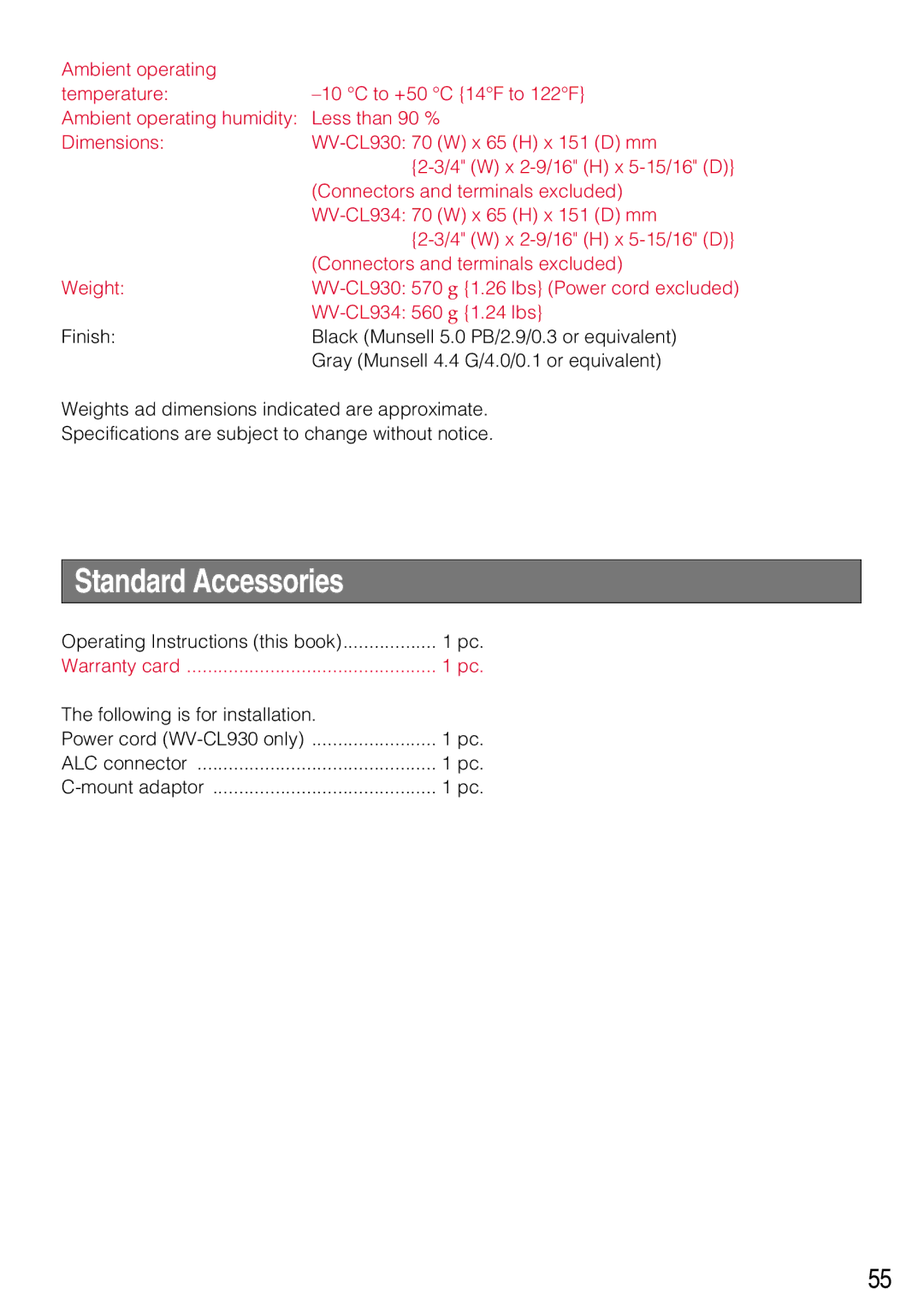 Panasonic WV-CL930, WV-CL934 operating instructions Standard Accessories 