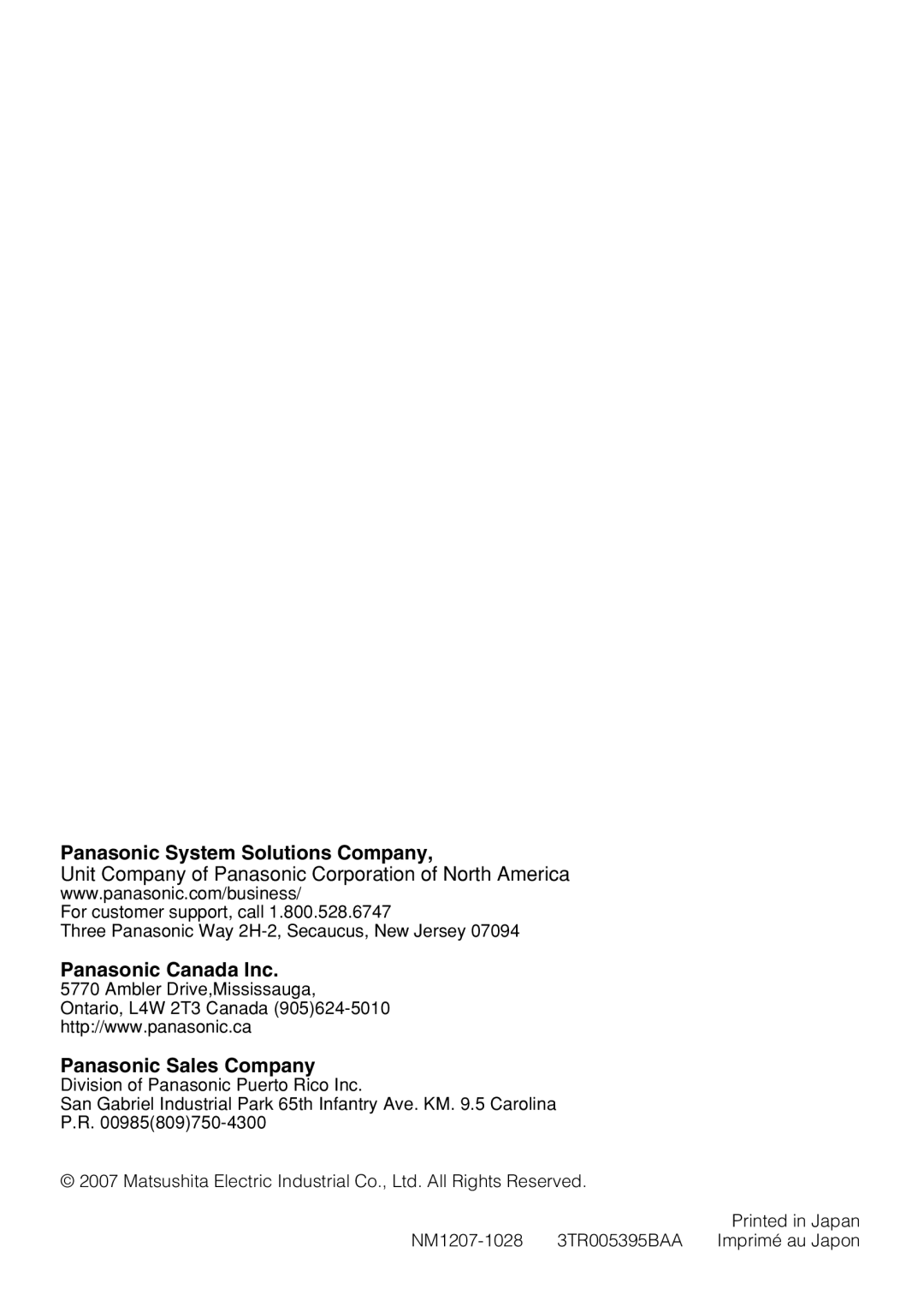 Panasonic WV-CL934, WV-CL930 operating instructions Panasonic Canada Inc 