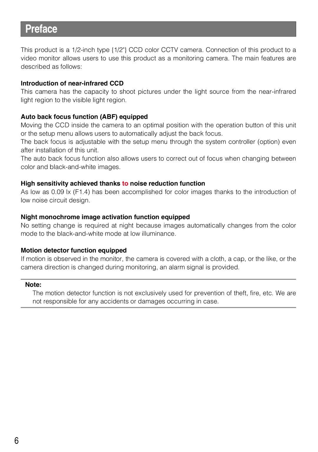 Panasonic WV-CL934, WV-CL930 Preface, Introduction of near-infrared CCD, Auto back focus function ABF equipped 