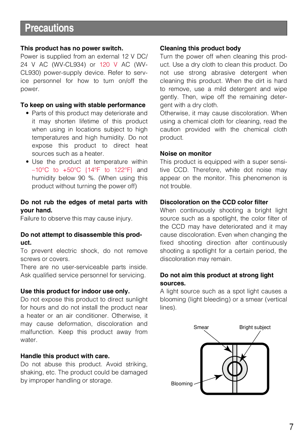 Panasonic WV-CL930, WV-CL934 operating instructions Precautions 