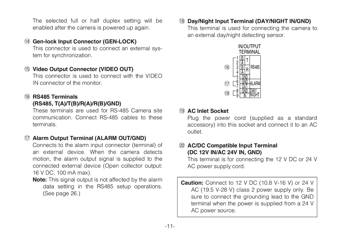 Panasonic WV-CLR924AE, WV-CLR920A 4Gen-lock Input Connector GEN-LOCK, 5Video Output Connector Video OUT, 9AC Inlet Socket 