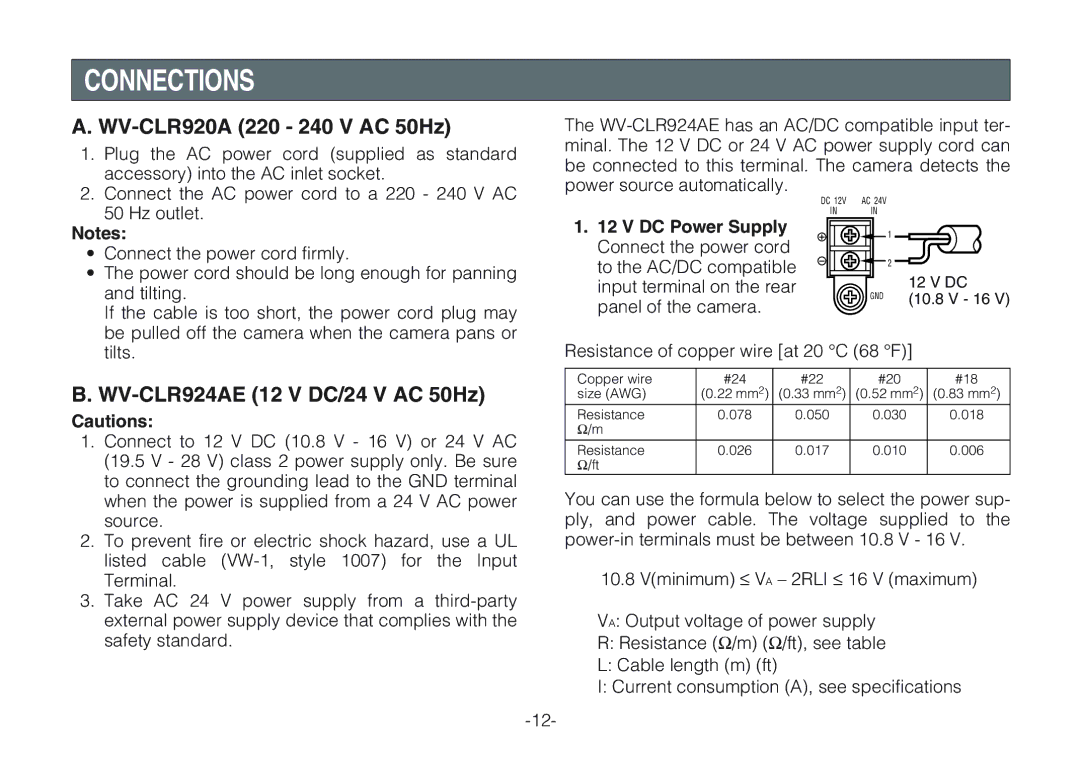 Panasonic operating instructions Connections, WV-CLR920A 220 240 V AC 50Hz, WV-CLR924AE 12 V DC/24 V AC 50Hz, Tilts 