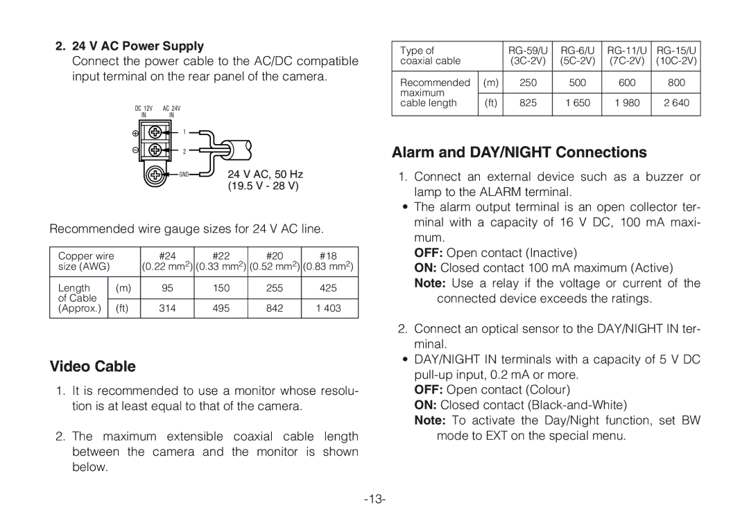 Panasonic WV-CLR924AE, WV-CLR920A operating instructions AC Power Supply, Recommended wire gauge sizes for 24 V AC line 