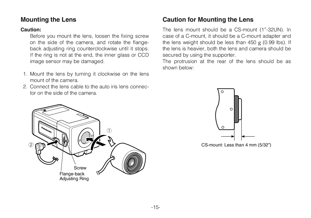 Panasonic WV-CLR924AE, WV-CLR920A operating instructions Mounting the Lens 