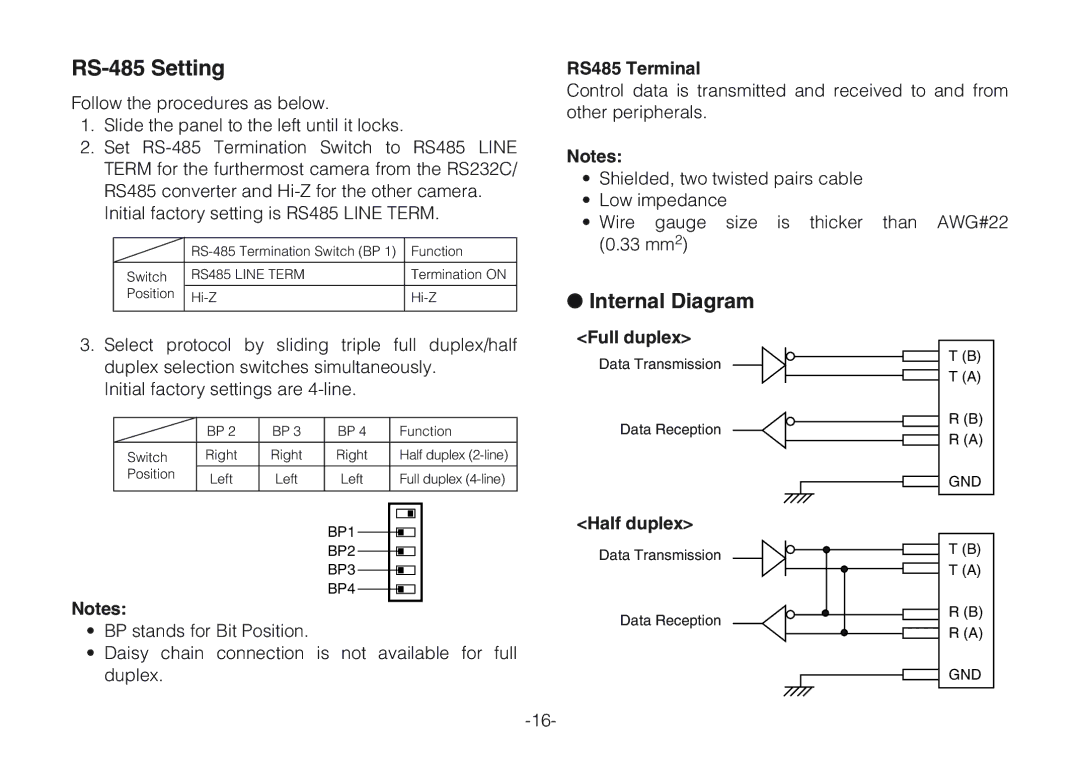 Panasonic WV-CLR920A, WV-CLR924AE operating instructions Internal Diagram, RS485 Terminal, Full duplex, Half duplex 