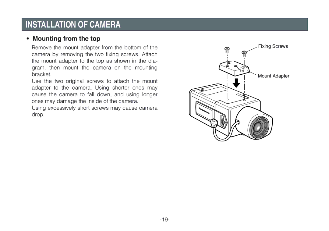 Panasonic WV-CLR924AE, WV-CLR920A operating instructions Installation of Camera, Mounting from the top 