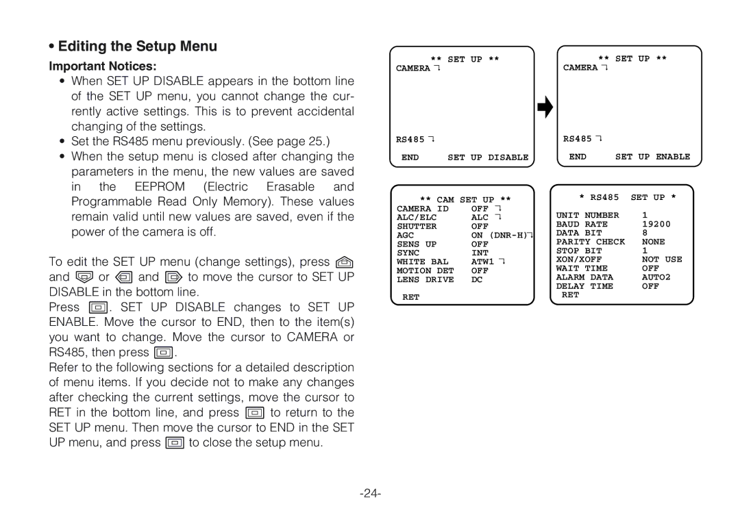 Panasonic WV-CLR920A, WV-CLR924AE operating instructions Editing the Setup Menu, Important Notices 