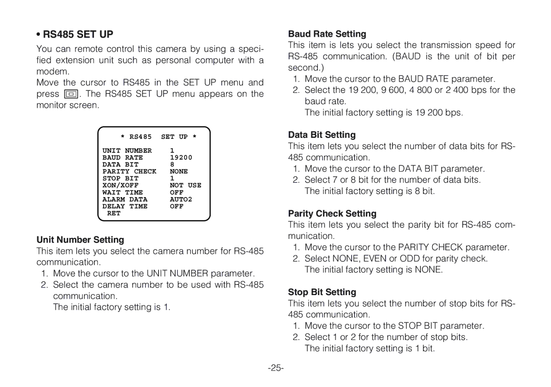 Panasonic WV-CLR924AE, WV-CLR920A operating instructions RS485 SET UP 