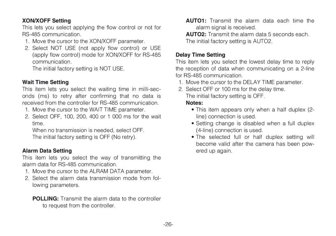 Panasonic WV-CLR920A, WV-CLR924AE XON/XOFF Setting, Wait Time Setting, Alarm Data Setting, Delay Time Setting 