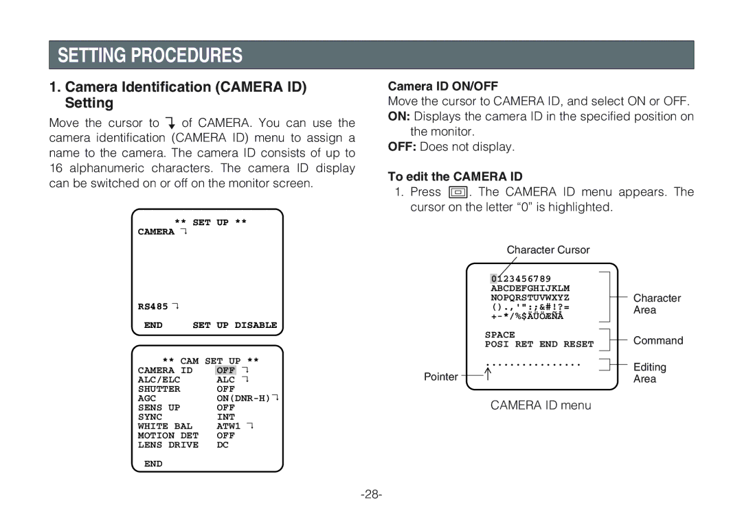 Panasonic WV-CLR920A Setting Procedures, Camera Identification Camera ID Setting, Camera ID ON/OFF, To edit the Camera ID 